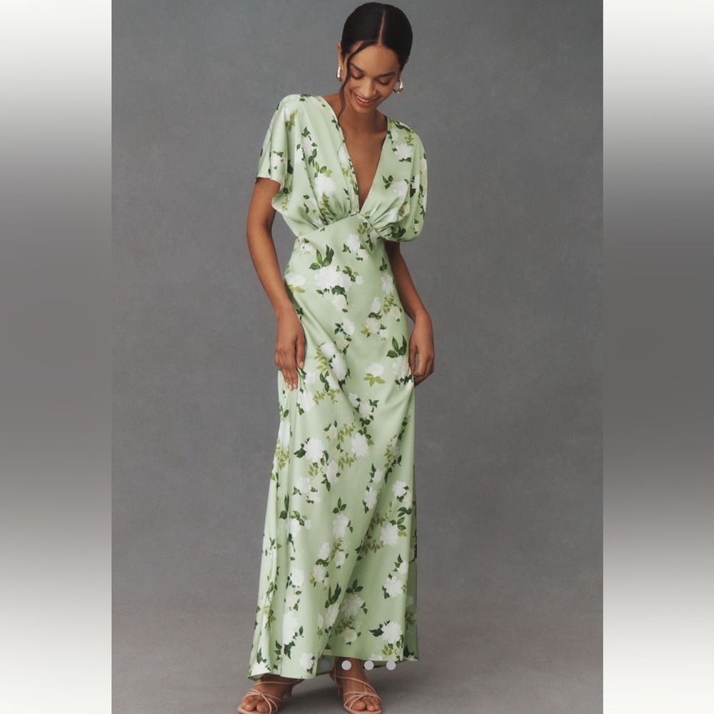 BHLDN Leila Deep-V flutter-sleeve satin a-line gown
